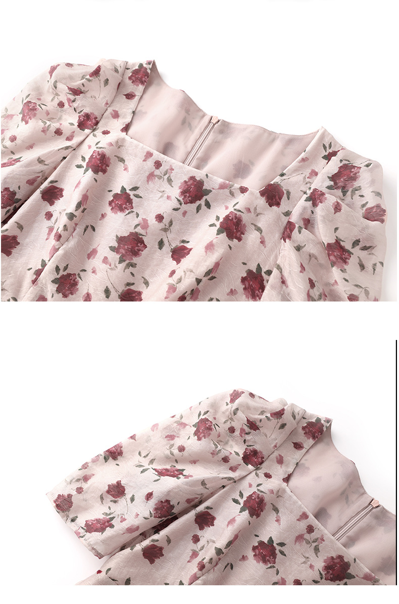 Váy maxi nữ thắt eo tay lỡ in họa tiết chất Tencel Crepe phong cách Pháp — Màu hồng chi tiết 12