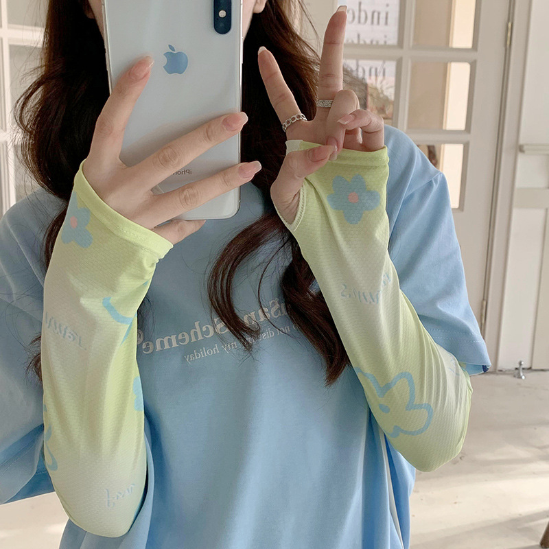 Nuevo gradiente de color ins pequeña flor protección solar oversleeve verano de las mujeres al aire libre equitación suelta protección UV manga de hielo transpirable