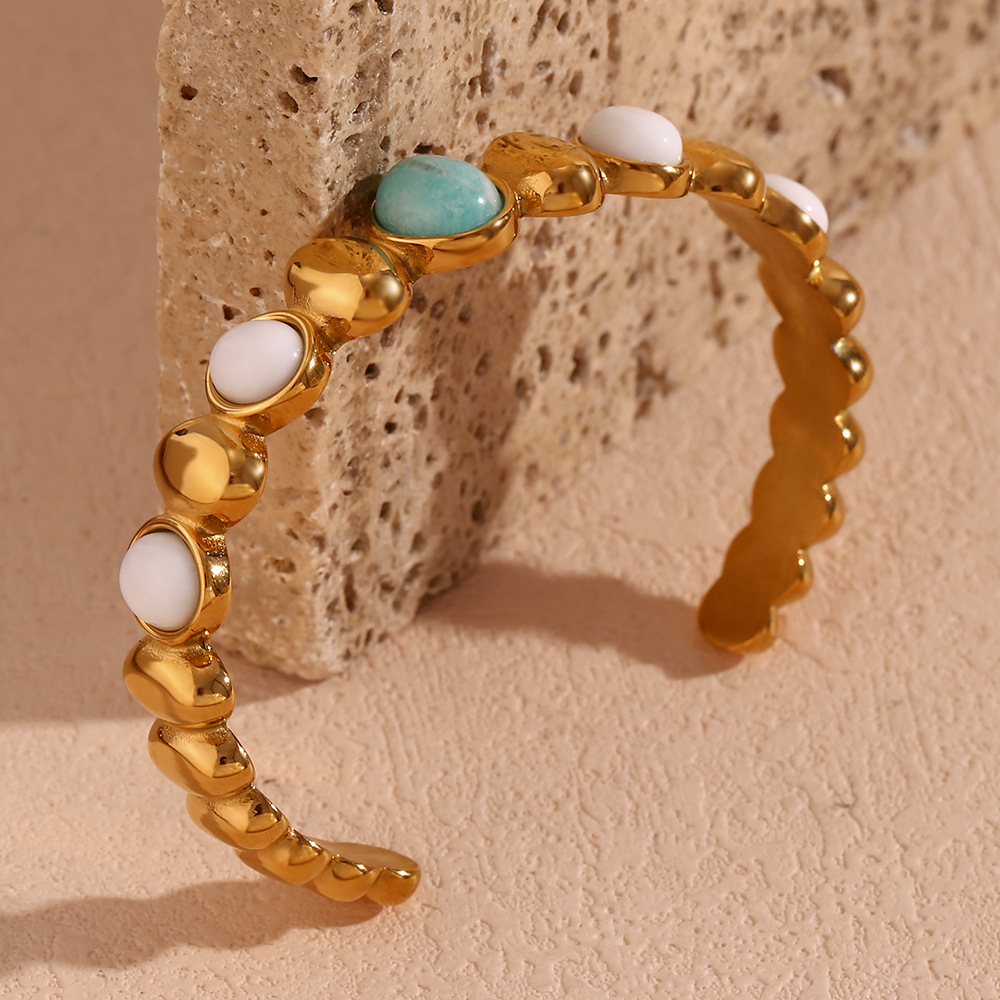 Gold Color Oval White Jade Inlaid Stainless Steel Bracelet