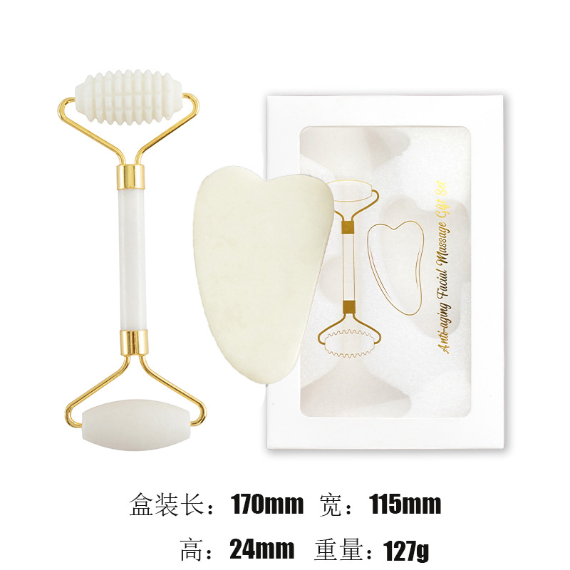 Juego de tres piezas de rodillo de jade natural y tabla de gua sha, dispositivo de belleza para masaje facial, lámina de gua sha facial, fabricante de rodillos de jade