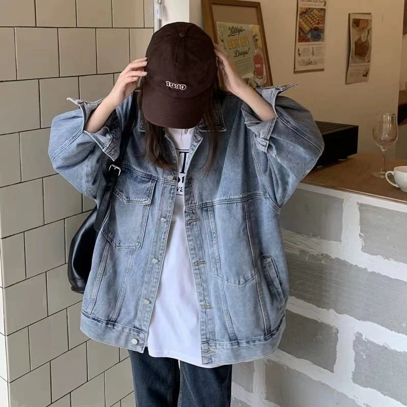 Джинсовая осенняя длинная куртка маленького дизайна, oversize, свободный крой