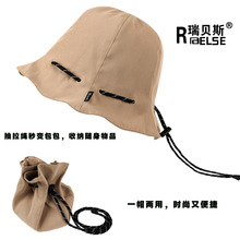 日系防晒渔夫帽纯色抽绳设计盆帽直筒可收纳折叠可斜挎包遮阳帽子