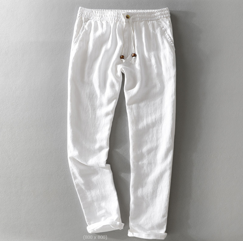 Y7409 elastic waist beach linen casual trousers men's straight thin cotton and linen men's pants