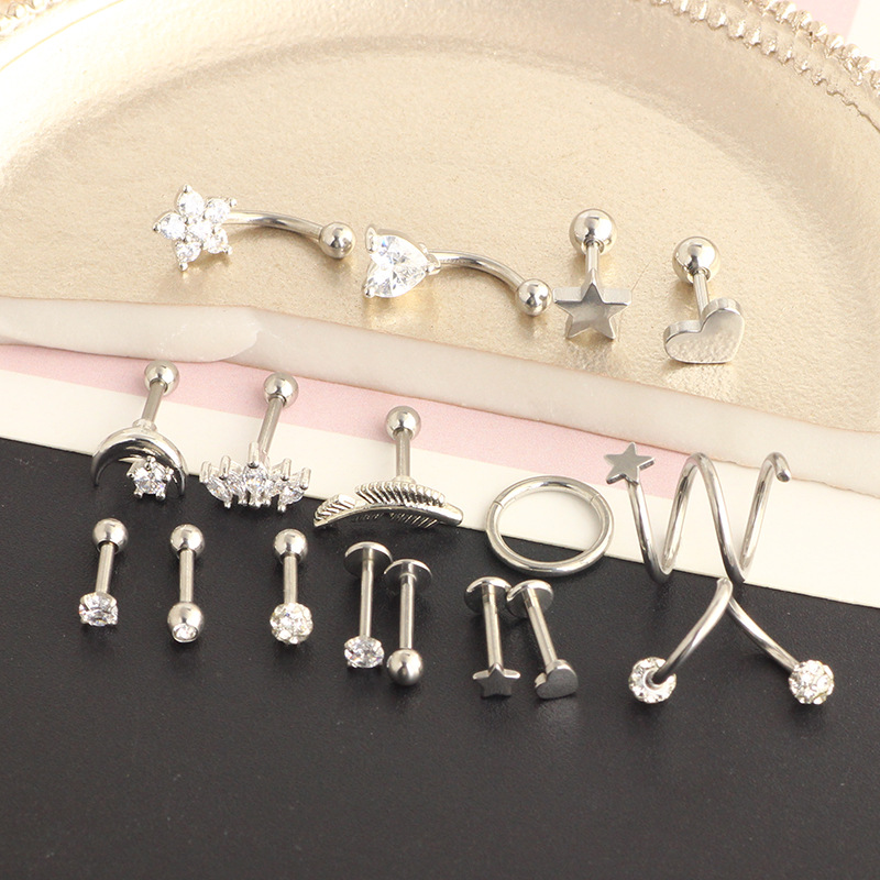 17pcs Stainless Steel 16G Ear Piercing Set: Love Earrings, Ear Clip, Ear Nail, Cartilage Studs detail image 9