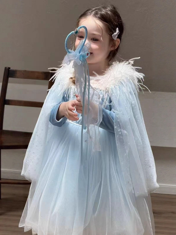 2025女童爱莎艾莎冰雪儿童公主裙纱裙小女孩生日礼服裙长袖羽毛款|undefined