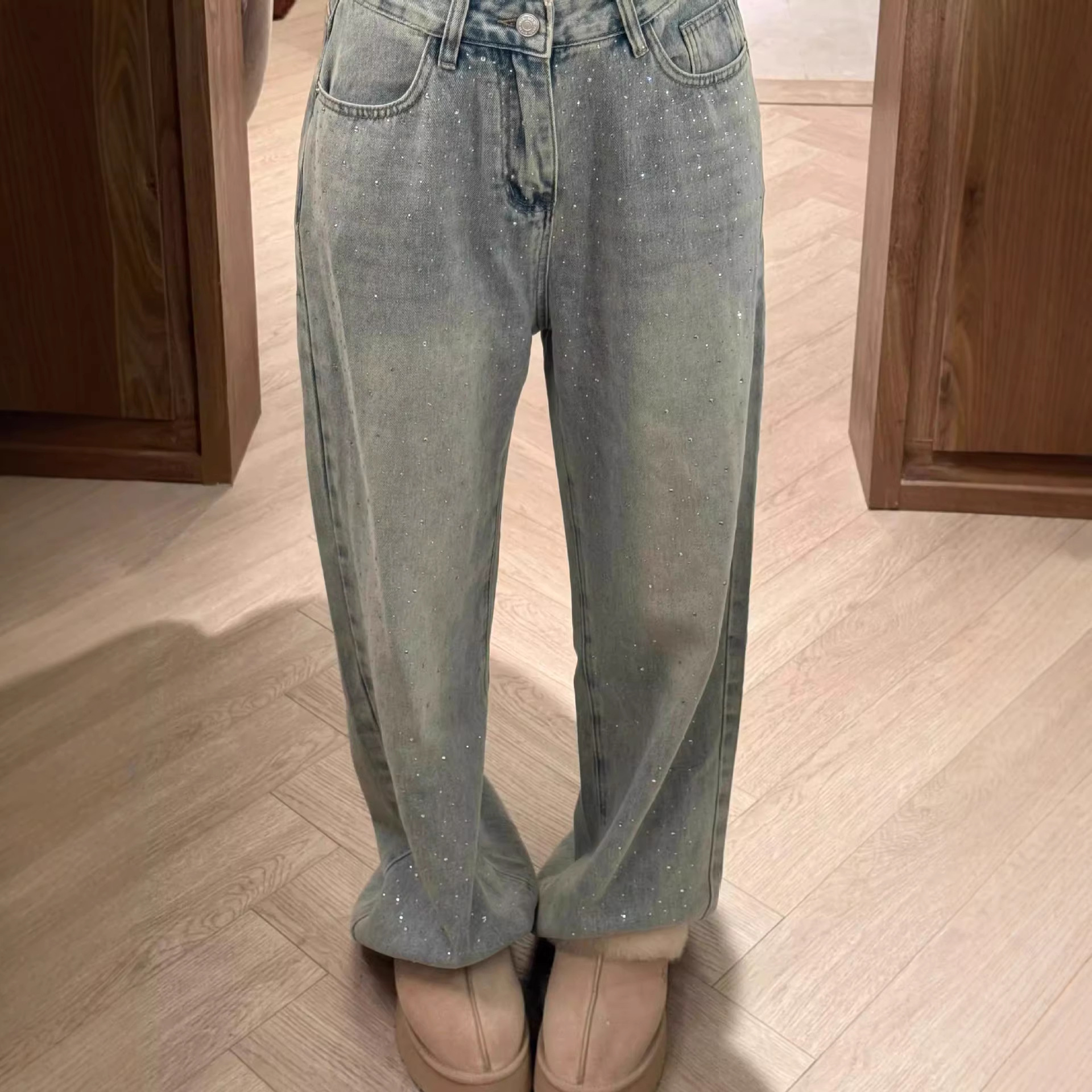 Trendy Rhinestone Wide-Leg Jeans For Women – High Waist Flared Trousers With Glitter Details, Winter Fleece-Lined & Regular (S-2xl)_voghion.com