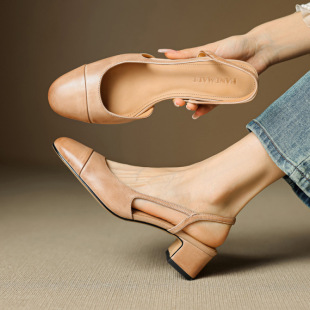 French-Style Retro Artistic One-Strap Sandals for Women with Closed Toe, Back Strap, Genuine Leather, Mid-Heel, Elegant, Versatile Open-Back Shoes