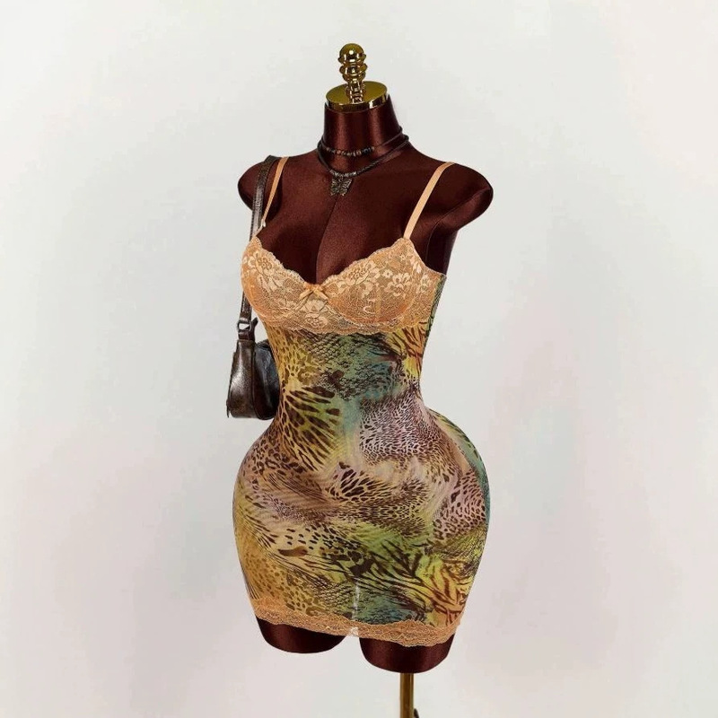 European and American Cross-Border New Style Lace Cup Tropical Floral Mesh Tight-Fitting Mini Dress with Lace Patchwork Bodycon Skirt