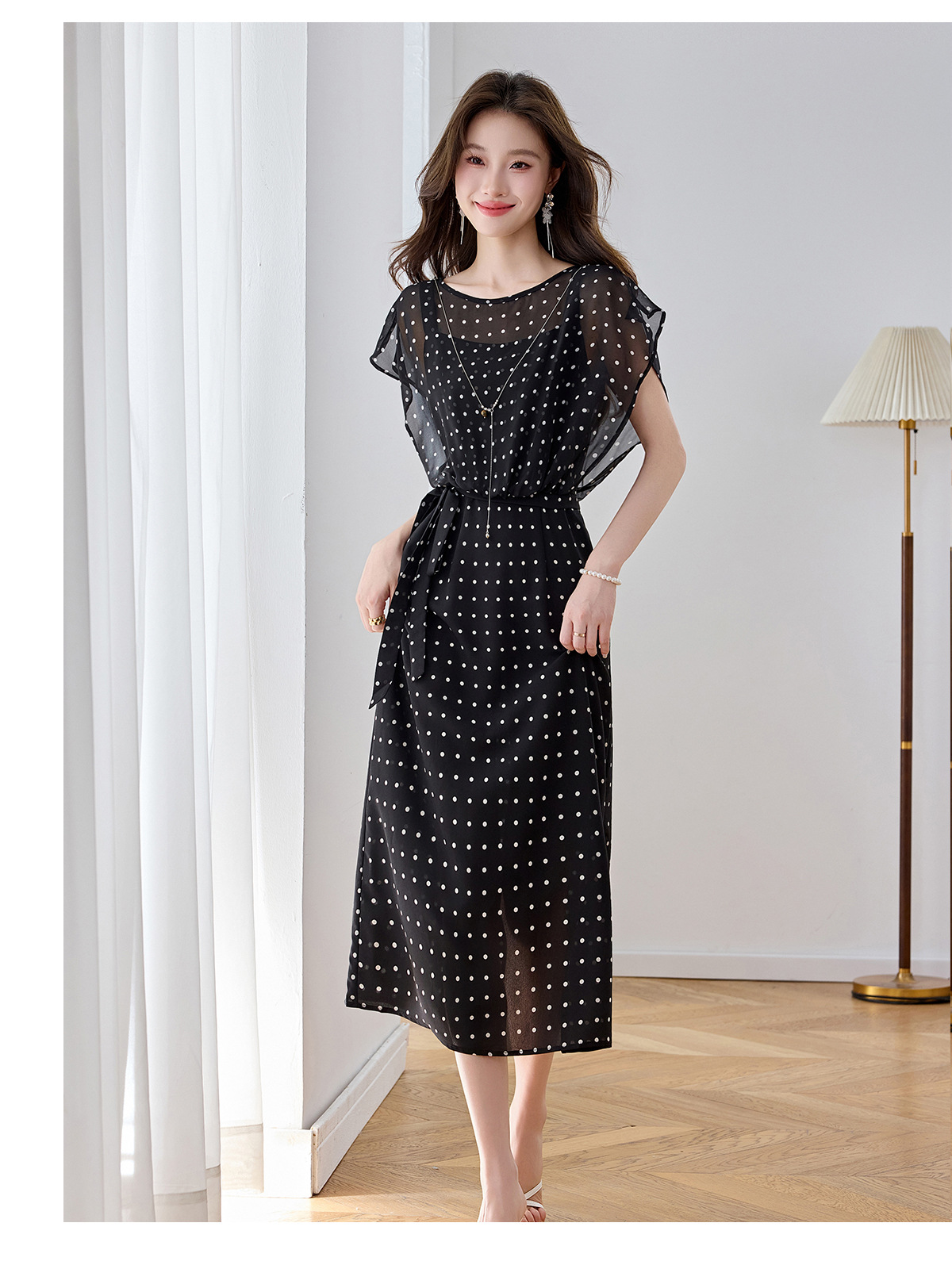 Đầm maxi nữ thắt eo thiết kế tân cổ điển cao cấp — màu đen, Chấm tròn chi tiết 10