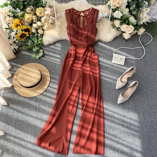 Jumpsuits for women 2020 new OL women's clothing scheming hollow backless sleeveless lace splicing waist slimming wide leg pants