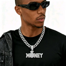 跨境嘻哈字母MONEY满钻合金吊坠欧美潮流古巴链个性项链厂家批发