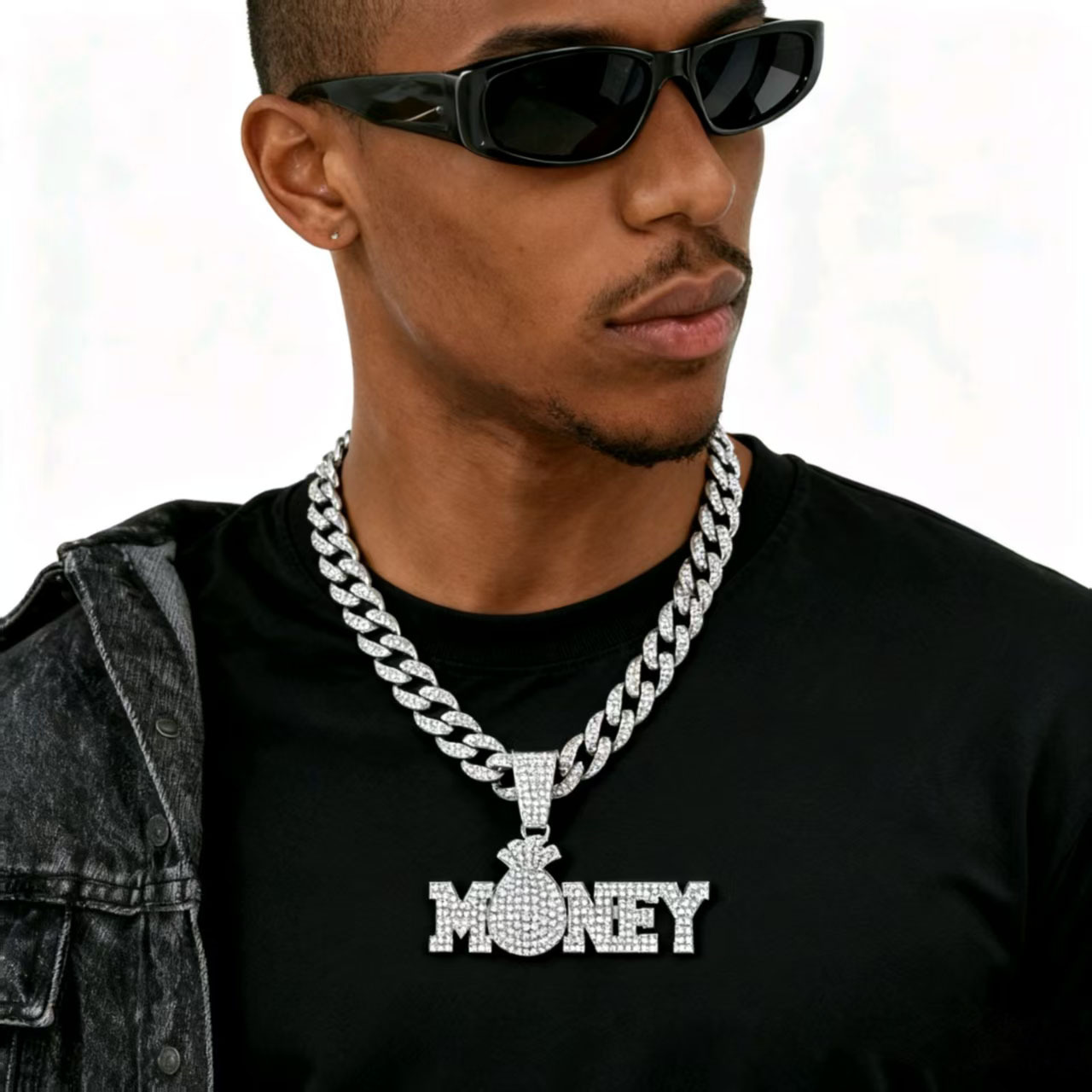 Letras hip hop transfronterizas MONEY colgante de aleación de diamantes de moda europea y americana collar de personalidad de cadena cubana fabricantes al por mayor image 9
