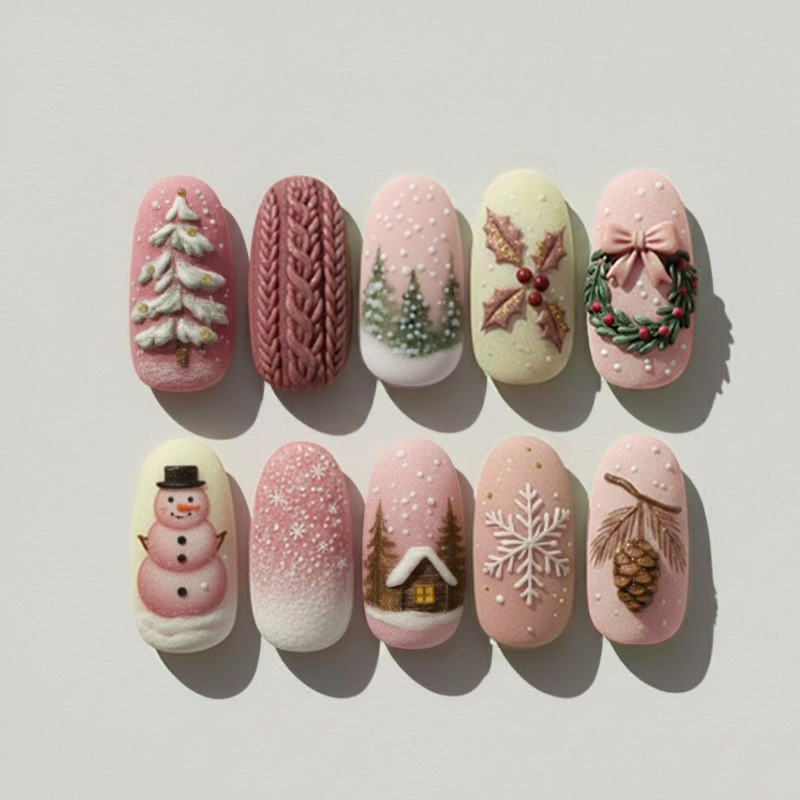 Cross-border Christmas press-on nails with 3D embossed sweater patterns, snowmen, snowflakes, Christmas trees, cute winter fake nails Cross-border Christmas press-on nails with 3D embossed sweater patterns, snowmen, snowflakes, Christmas trees, cute winter fake nails
