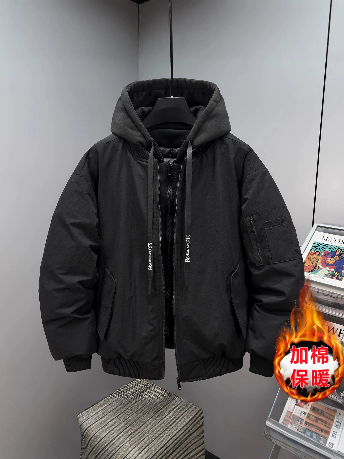 Куртка casual ретро камуфляж, утеплённая толстая, большие размеры 5XL–11XL, чёрная/камуфляж