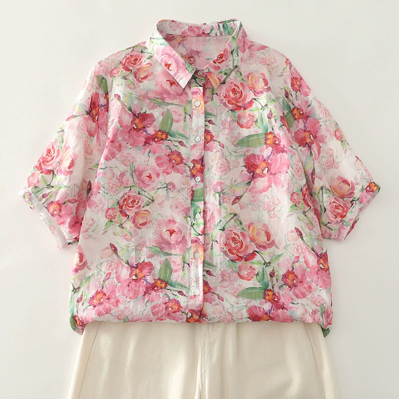 Реальный снимок готовой тонкой розовой рубашки с цветочным принтом, рубашки с короткими рукавами и принтом, свободной и универсальной для женщин.