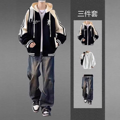 美式棒球服外套男春秋季连帽开衫卫衣夹克男生套装穿搭三件套潮流