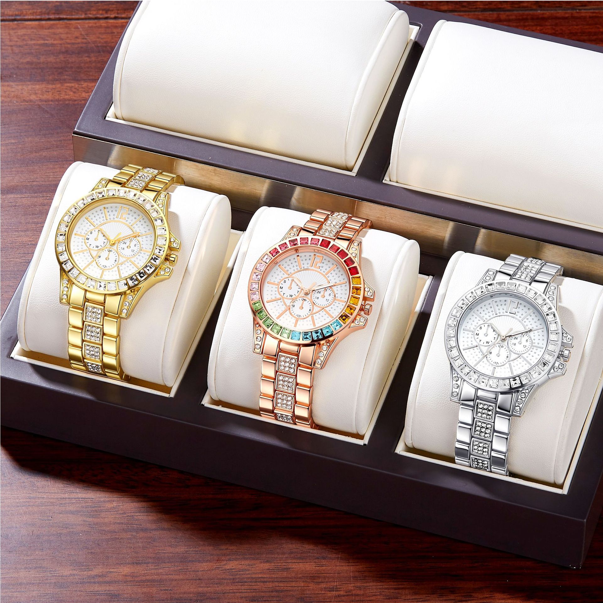 New Foreign Trade Women's Watch, European and American Fashion, Large Dial, Colorful Diamond Decoration, Three-Eye Decoration, Women's Watch Factory Wholesale