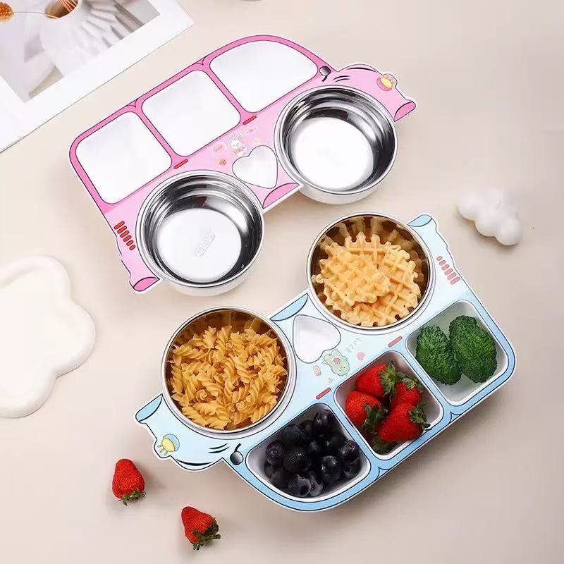304 Stainless Steel Kidsren's Dinner Plate Set Removable and Washable Baby Food Supplement Compartment Plate Car Kindergarten Cartoon Dinner Plate