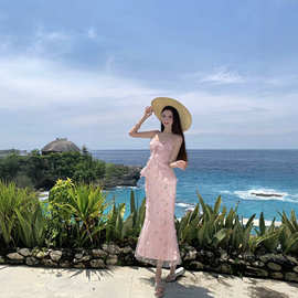 现货高品质海边度假粉色连衣裙女夏立体碎花绝美雪纺吊带裙长裙女
