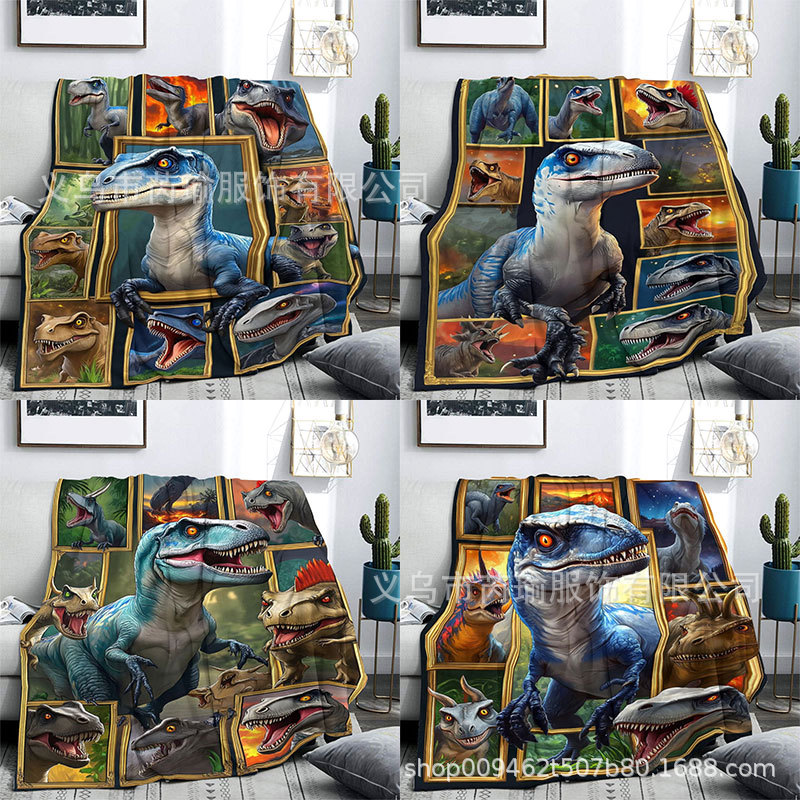 跨境temu爆款恐龙拼图法兰绒毛毯数码印花热转印办公室空调午休毯