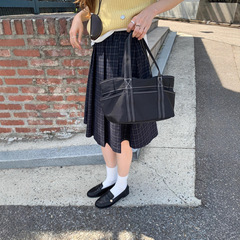 韩系学院风复古格子裙女秋季高腰中裙百褶裙a字裙蓝色格纹半身裙