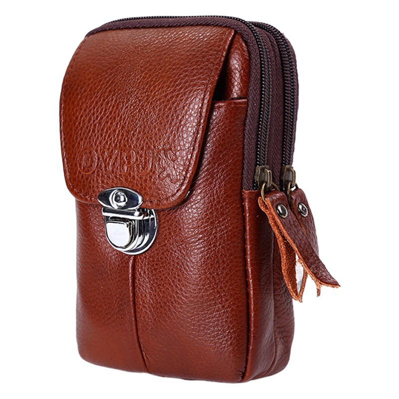 2023 New genuine leather men's wallet multi-functional double zipper portable waist bag outdoor vertical version mobile phone waist bag wholesale