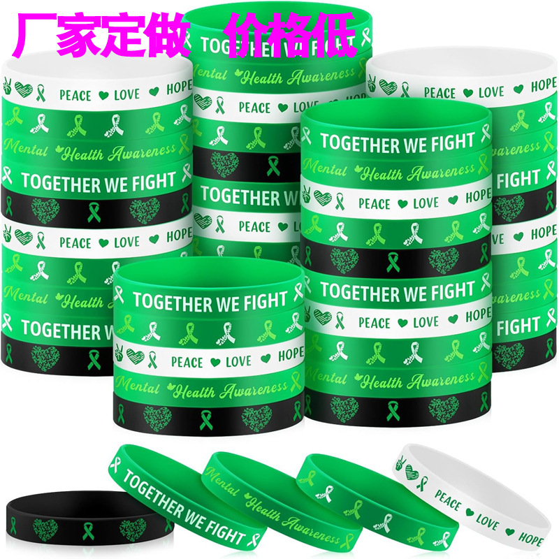 Mental Health Awareness Silicone Bracelet suit Mental Health Hope Green Ribbon Rubber Wristband Inspirational Bracelet