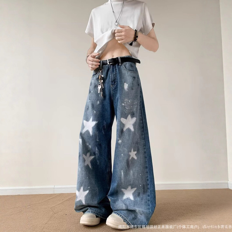 American Retro Star-Studded Splatter-Ink Jeans for Men, New Summer Style, Washed and Distressed, Loose Casual Silhouette, Curved Pants American Retro Star-Studded Splatter-Ink Jeans for Men, New Summer Style, Washed and Distressed, Loose Casual Silhouette, Curved Pants