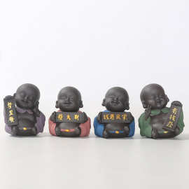 紫砂工艺品彩砂陶欢喜小和尚摆件发财报喜茶具配件招财旅游品