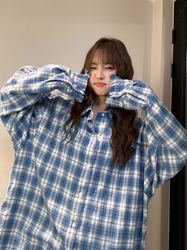 American streetwear brand embroidered grid long-sleeved women's spring fringe design couple high street shirt jacket q