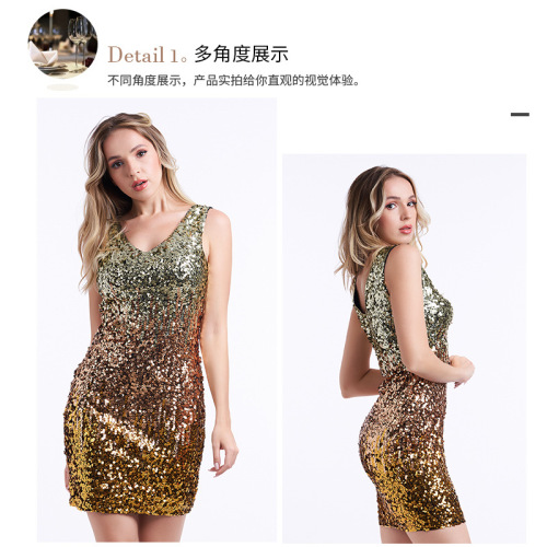 Women blue gold sequins tank dresses jazz pole hot dance sexy  tight dress mini skirts female night club bar evening party banquet dress