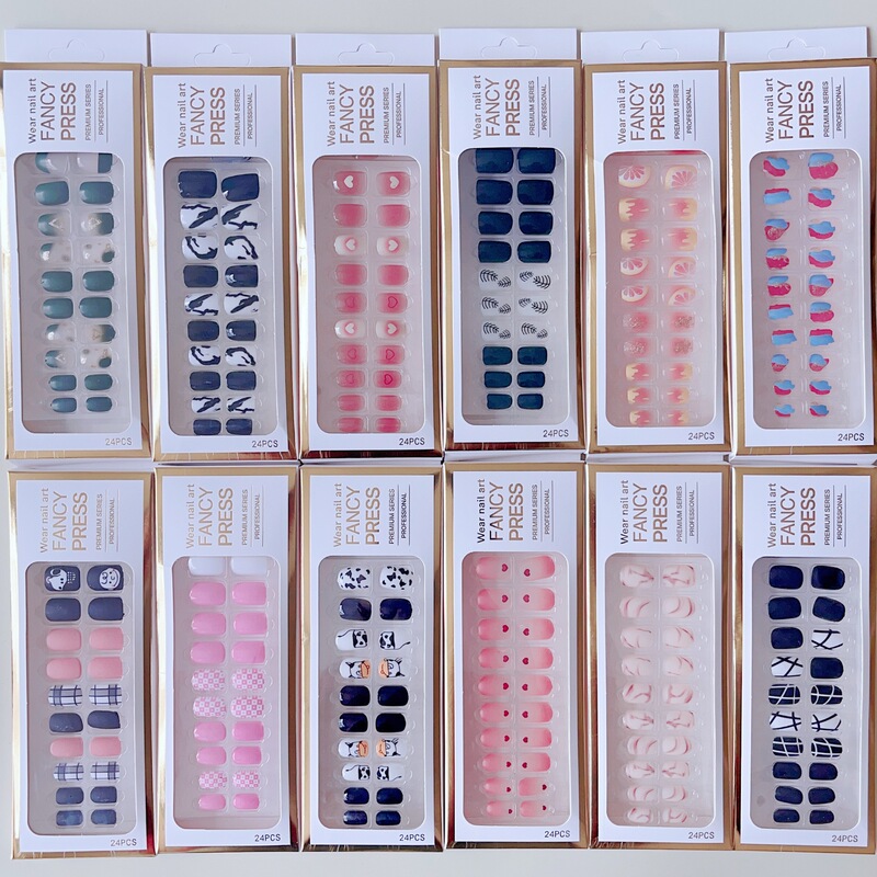 European and American Manicure 24-Piece Boxed Short Colorful Printed Fake Nails with Gold Edge Ins Style Fashionable Wearable Nails European and American Manicure 24-Piece Boxed Short Colorful Printed Fake Nails with Gold Edge Ins Style Fashionable Wearable Nails
