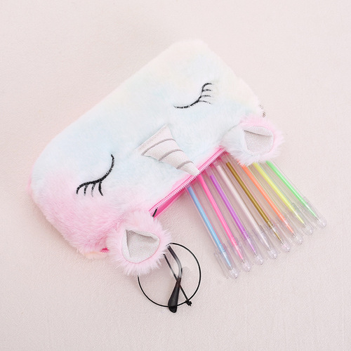 Cross-border new plush gradient unicorn girl heart cartoon pencil bag student storage bag large capacity cute stationery