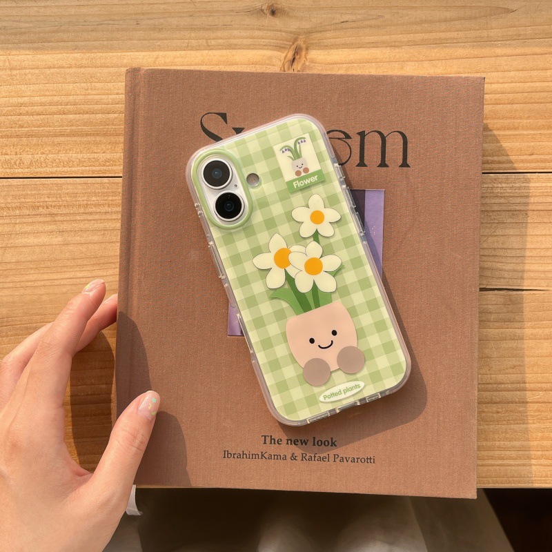 Flores en maceta de cuadros verdes de verano para Apple 16ProMax funda para teléfono móvil 15Pro pareja 14Pro personalidad 13