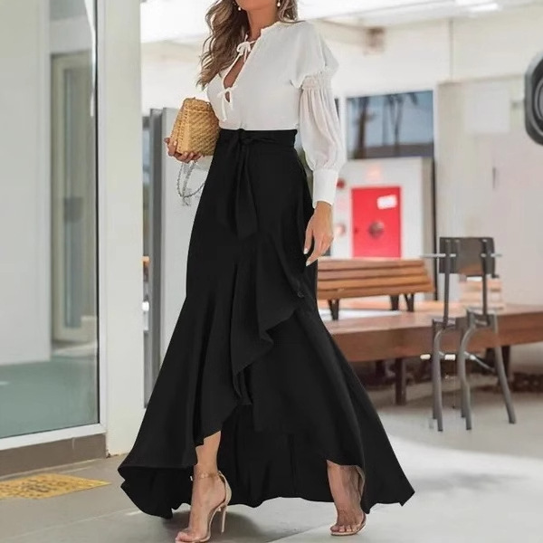 Cross-border Women's Plaid Mermaid Skirt Ruffled Irregular Hem High Waist Casual Umbrella Wrap Long Skirt