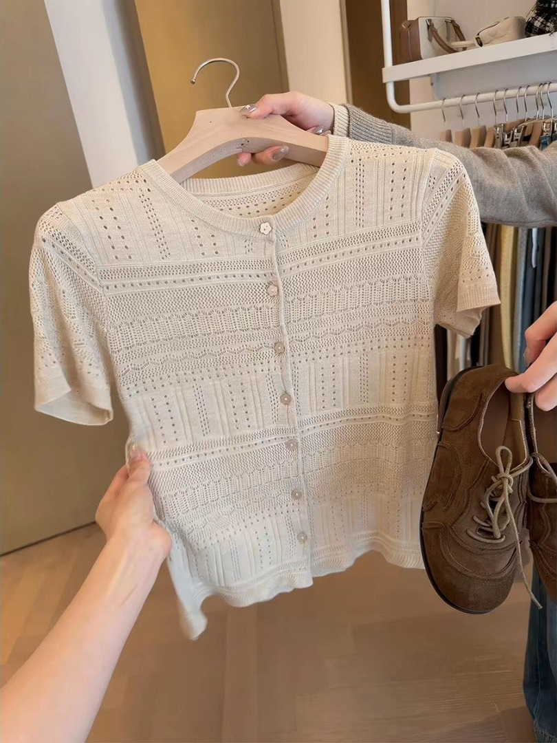 Highly Recommended~ Apricot-Colored Hollow-Out Lightweight Short-Sleeve T-Shirt Top for Women, 2026 New Korean Style Gentle Knitwear