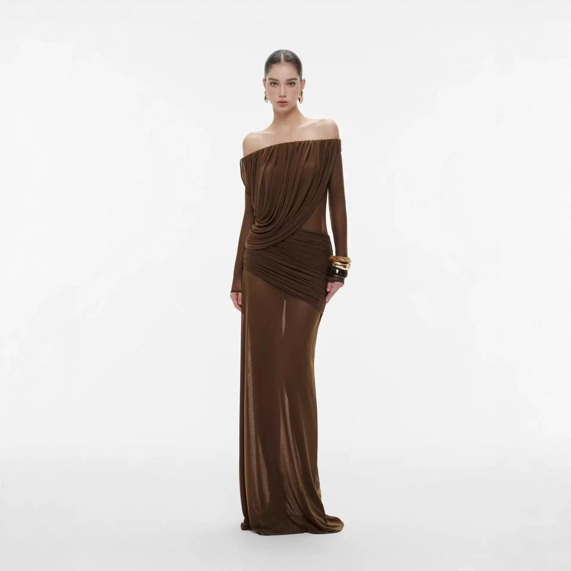 一字肩网纱露肩长袖连衣裙女春夏2026新款性感修身显瘦包臀裙子