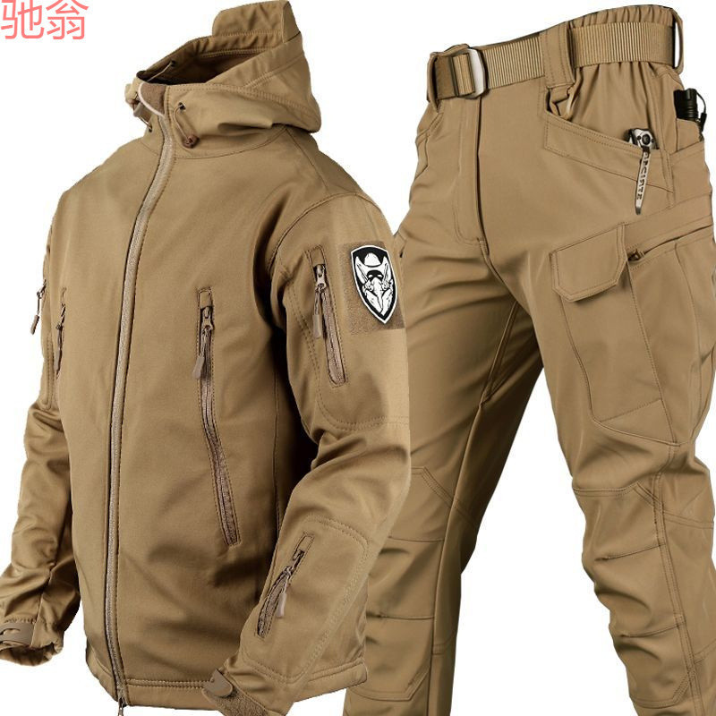 R9T Outdoor Shark Skin Soft Shell Charge Pants suit Men's Windproof Tactical Cold-proof Winter fleece-lined Thickened Mountaineering