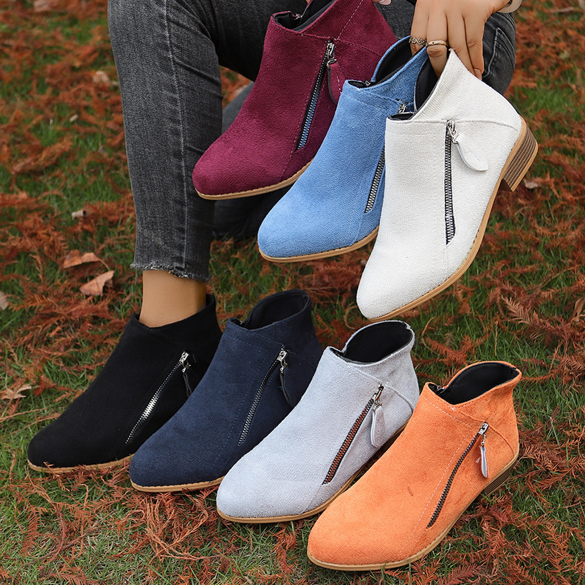 2025 Women's Cross-Border Zipper Suede Flats Autumn and Winter British Round Toe Large Size Low Double New Short Boots