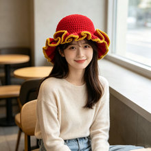手工钩织多色花边荷叶边渔夫帽跨境保暖毛线帽百搭时尚针织花朵帽