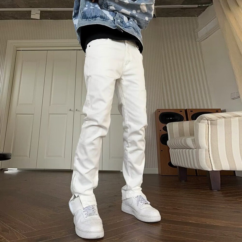 American Style High Street Micro-flared White Jeans Men's Instagram Popular Brand Retro Zipper Design Slim-fit Straight Casual Pants American Style High Street Micro-flared White Jeans Men's Instagram Popular Brand Retro Zipper Design Slim-fit Straight Casual Pants