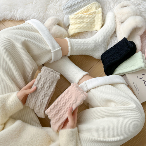 Plush Socks for Women, Mid-Calf Ins Style, Autumn/Winter Fleece-Lined & Thickened, Retro Cable-Knit Design, Colorful Australian Wool Long Socks for Sleep & Warmth
