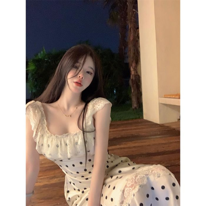 살구 백리스 폴카 도트 드레스