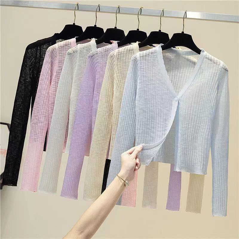 Summer Knitted Sunscreen Cardigan Top Women's Summer Thin Ice Silk Cardigan Long Sleeve Black Outer Short Air-conditioning Shirt