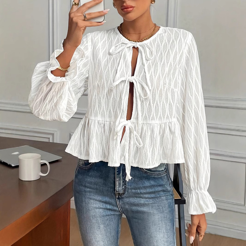 Europe and the United States cross-border hot-selling long-sleeved lace-up casual versatile women's top foreign trade independent station AliExpress