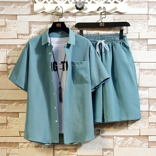 Summer Solid Color Short Sleeve Set Five-Button Shirt and Shorts for Men Plus Size Two-Piece Set/Leg 22 Shorts 20/TP42
