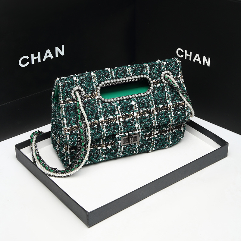 Korean Style Niche Green Tweed Pearl Chain Bag for Women 2026 Spring/Summer New Flap Bag Shoulder Handbag