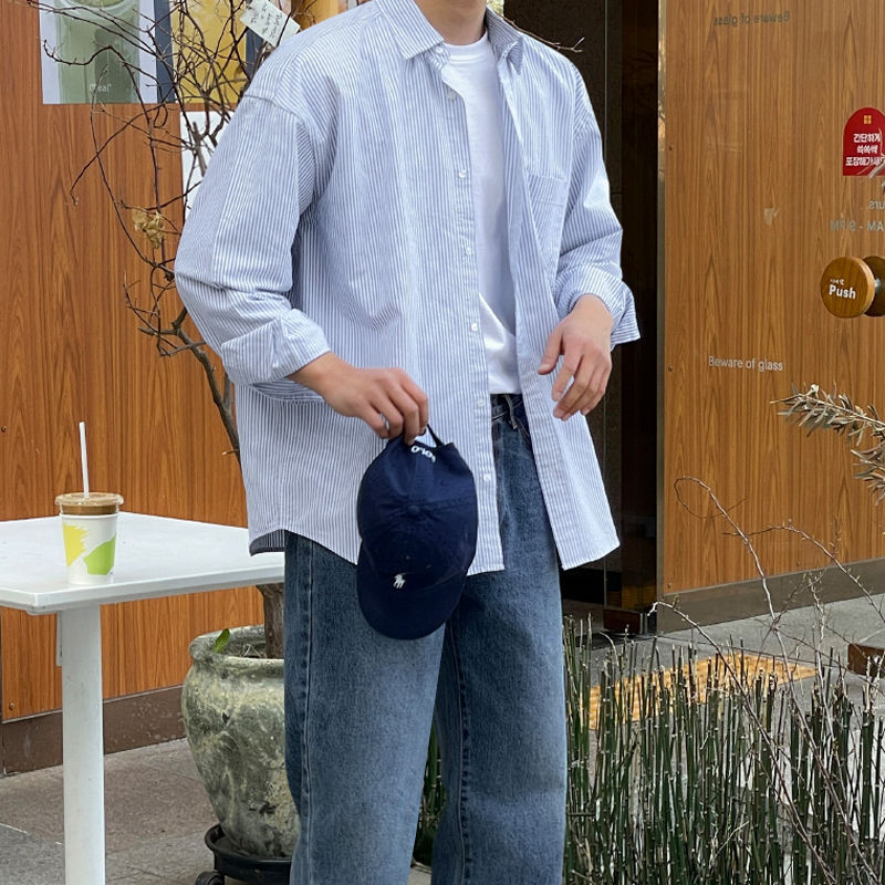 MYQ Japanese style versatile striped shirt men's spring new Korean style loose casual long-sleeved shirt coat for lovers MYQ Japanese style versatile striped shirt men's spring new Korean style loose casual long-sleeved shirt coat for lovers