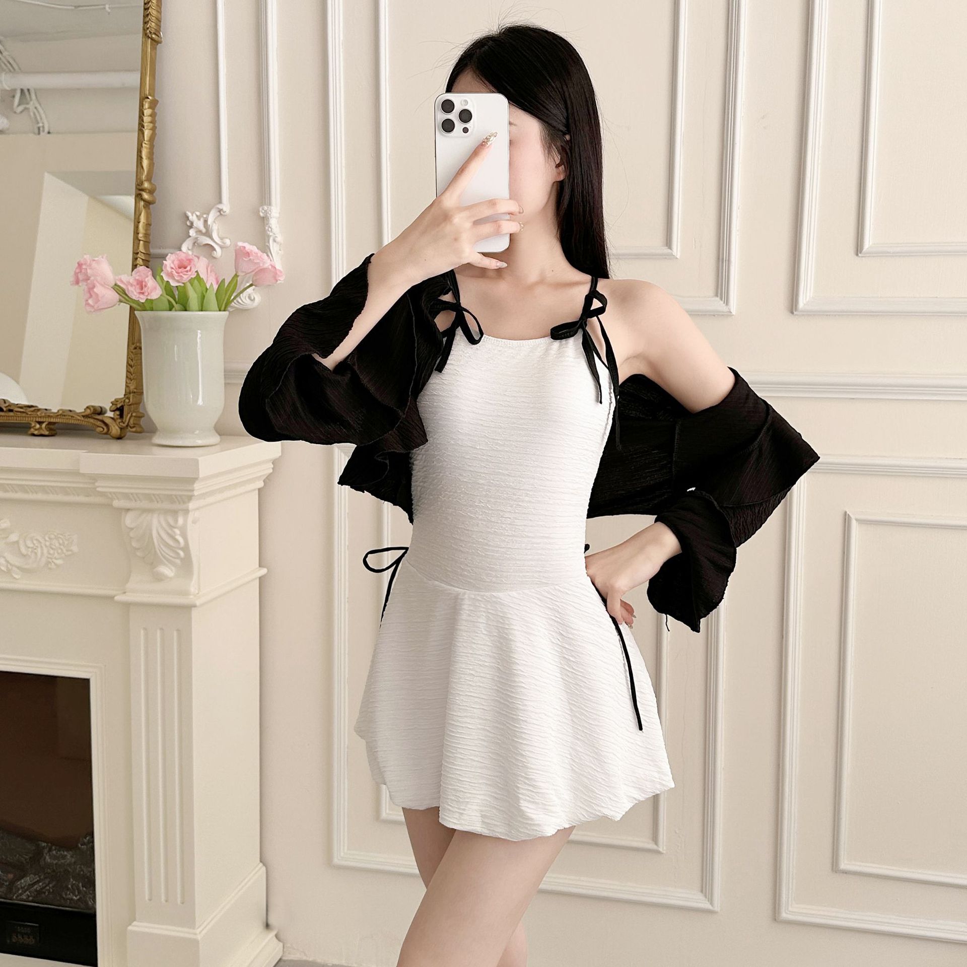 可爱少女纯欲小香风高级感简约保守裙式小胸连体游泳衣女泳装批发