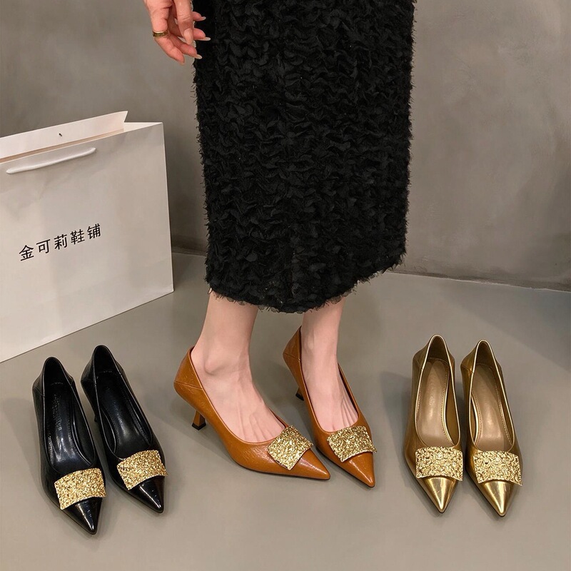 2026 New Model Pointed Toe Metal Buckle Shallow Heel Women's Shoes, Thin Heel Commuting Elegant High Heels, Versatile New Style